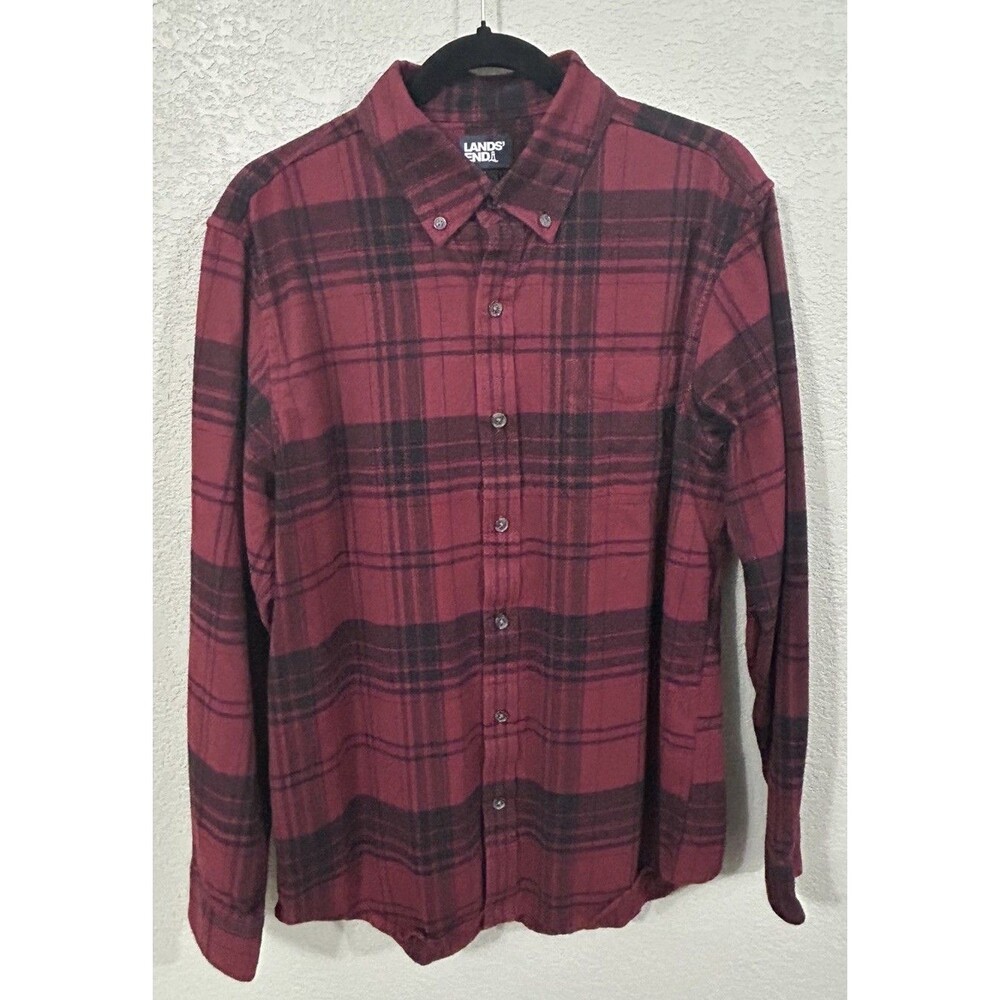 Land's End Men's Large Flannel Shirt Red Black Plaid Traditional Fit Button Up